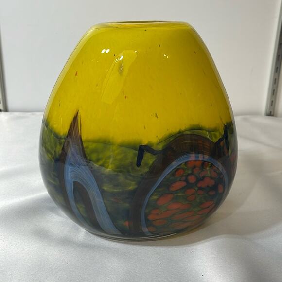Handmade Other - Signed Hand Blown Glass Vase Yellow Blue Orange Oval By Romanian Artist